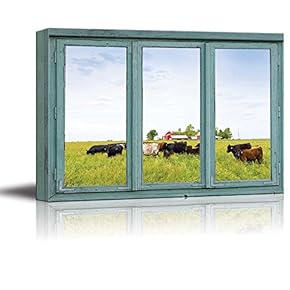 Cows in a Field with a Red Barn in The Background - Canvas Art Home Art - 24x36 inches