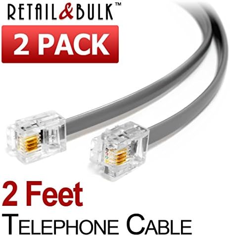 (2 Pack) 2 Feet Grey Telephone Cord, 6P4C RJ11 Plugs, 4 Conductor Wire Phone Line Extension Cable (24 inches, Silver/Gray)