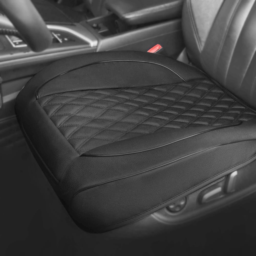 Photo 1 of 1 Pack PU Leather Quilting Front Car Seat Cover, Anti-Slip Full Wrap-Around Bottom Seat Protector Cushion with Storage Pocket, Universal Fit for Most Vehicles - Black