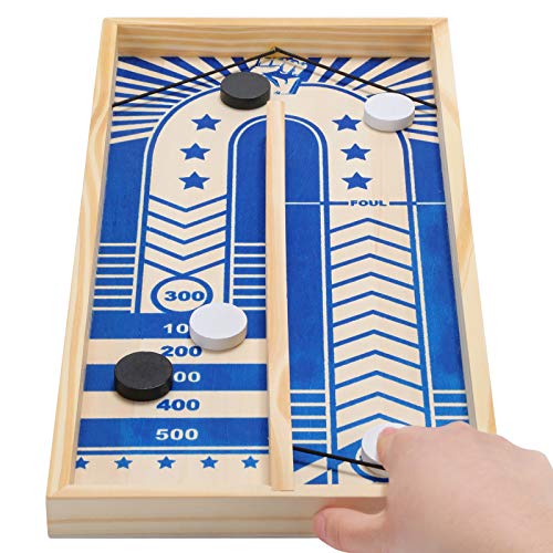 Desktop Shuffleboard Game Set for Kids and Adults, Fast Sling Puck Game, Tabletop Slingshot Wooden Game Toy, Family Fun Game with 1 Game Board + 10 Pucks + 20 Game Cards, 16.5 x 8.27 in