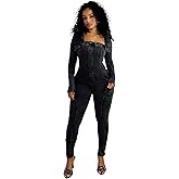PUXOBYKU Women's Jumpsuits Casual Romper Pants Sexy Long Sleeve V Neck Top Bodycon Pant Two Piece Outfits Set