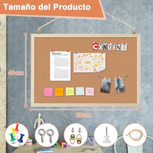 Tablero de Corcho para Pared Tablero de Mensajes Suave Tablones de Anuncios Colgante Pizarrón de Corcho con 5 Chinchetas Corkboards Enmarcado Tablón de Fotos Funcional para Oficina Hogar Aula(60*40cm)