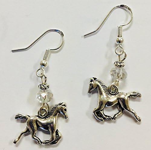 Running Horse Equestrian Earrings with Clear Faceted Accent Beads on Sterling Silver Earwires