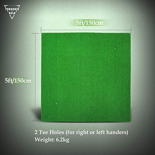 Forbidden Road Golf Practice Hitting Grass Mat with 2 Golf Tee Holes & 1 Golf Tee Rough Indoor Backyard Golf Pad Residential Golf Hitting Mat for Golf Swing Practice Training Putter Balls (5ft x 5ft)