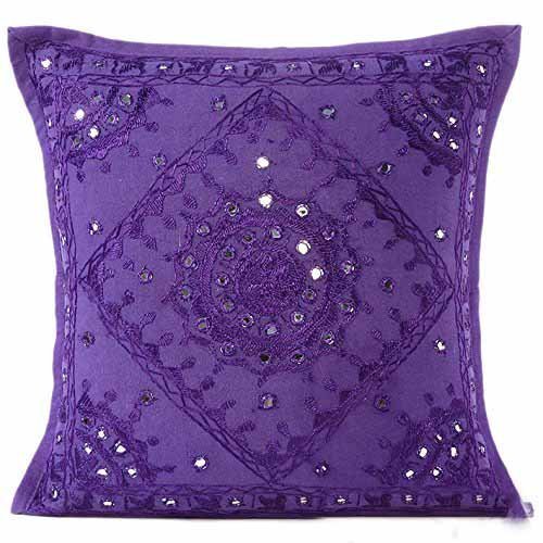 Radhykrishnafashions Indian - 16X16 Mirror Embroidered Decorative Sofa Throw Pillow Cushion Cover Boho Bohemia (Purple)
