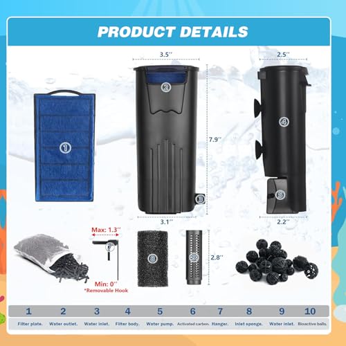 SUSOO 5W Silent Aquarium Filter with 400L/H Flow Rate, High-Low Water Level Submersible Pump System for Fish,Turtle and Reptile Tank,Small Filtration Waterfall Filter for Aquatic Tanks Accessories
