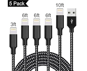 5-Pack [3ft/6ft/6ft/6ft/10ft] Nylon Braided USB Charging Cables for iPhone X/8/8 Plus/7/7 Plus/6s/6s Plus/6/6 Plus/5/5S/5C/SE/iPad/iPod (Black&White)