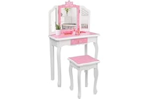 AOCOROE Kids Vanity Table & Stool Set with Mirror, 2 in 1 Princess Makeup Dressing Table w/ Drawer & Detachable Top, Dressing Table Princess Makeup w/ 2 180° Folding Mirror for Age 3-12 Girls Kids, White+Pink