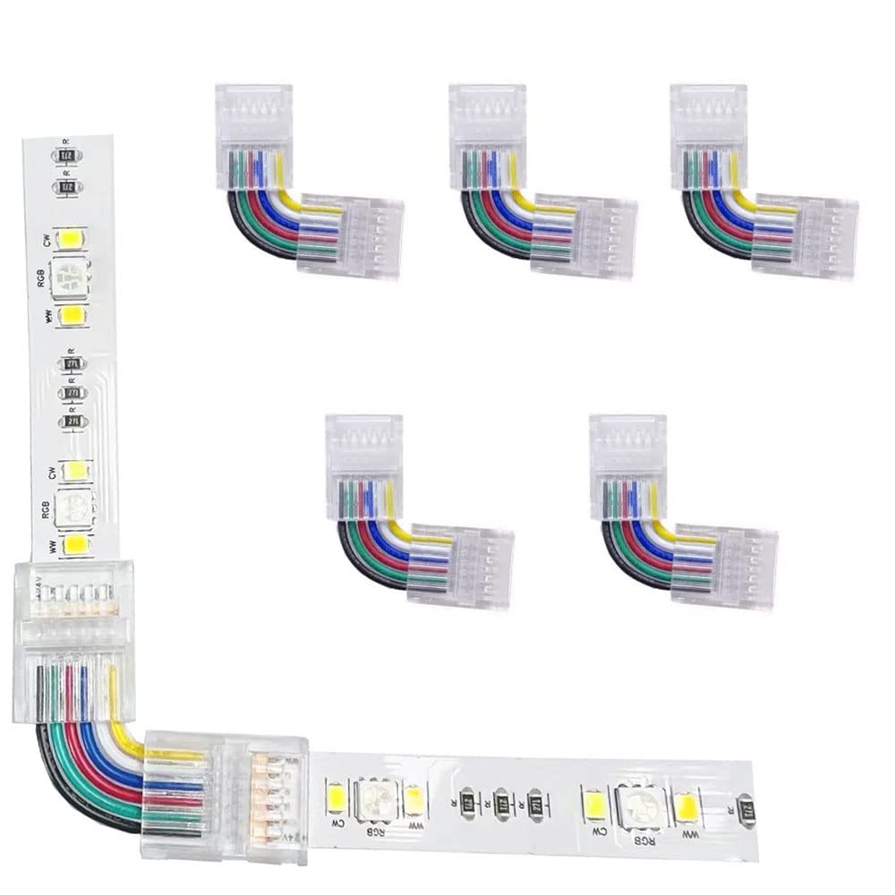 ENQIMAOYI 5 Pairs 6 Pins L-Shaped Solderless Connector RGBWW LED Strip Light Right Angle 12mm Solderless Connection for SMD 5050 RGBCCT LED Strip