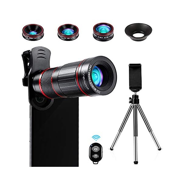 Crenova Handy Objektiv Kamera Linse Kit 22x Zoom Teleobjektiv, 235° Fischaugen objektiv, 25 Makro Objektiv und 0,62…