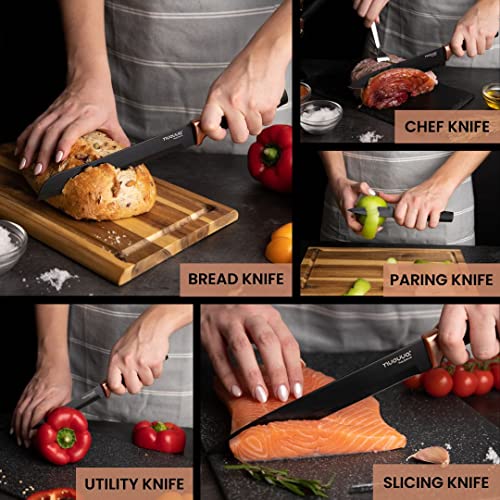 nuovva Kitchen Knife Block Set Copper 5 Piece Set with Knives Clear Acrylic Block Stainless Steel Blades