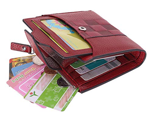 AINIMOER Women's RFID Blocking Leather Small Compact Bi-fold Zipper Pocket Wallet Card Case Purse(Stitched Wine)