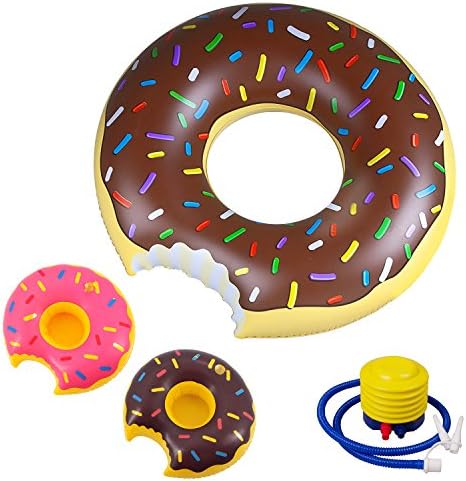 Ovinm 47 Inch Chocolate Donut Inflatable Pool Float - Including 2 Pieces Donut Inflatable Drink Floats and 1 Piece Air Pump Inflator(Chocolate Donut)