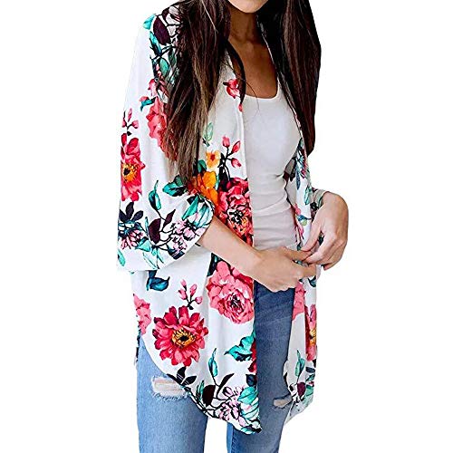 Fashion Chiffon Shawl Print Kimono Cardigan Top Cover Up Blouse Beachwear Women White