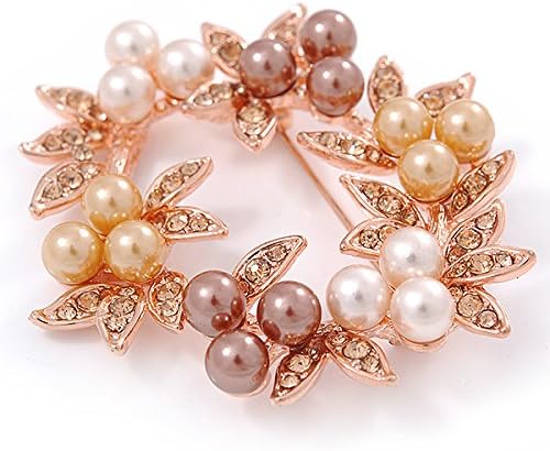 White/Brown/Light Orange Faux Pearl, Crystal Wreath Brooch In Rose Gold Tone Metal - 55mm W, white / ivory, gold, brown, copper, orange - Image 4