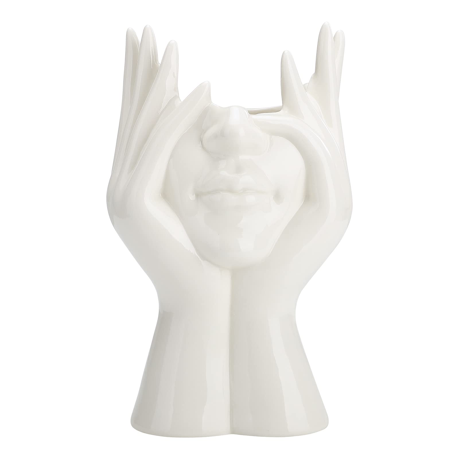 Plcnn Half Face Ceramic Vase 8 Inch White Girl Head Vase, Modern Sculpture White Planter Pot for Home Living Room Office Table Centerpiece Decor, 3.9 x 3.9 x 8.2 inch