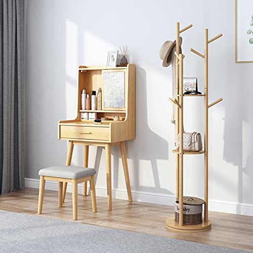 KASLANDI Wooden Coat Rack Freestanding, Rotary Coat Rack Stand with 3