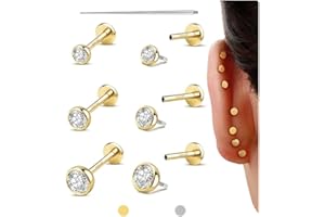 GEMQUEEN Flat Back Earrings Stud : 14K Gold Filled Titanium Surgical Steel Earrings Hypoallergenic for Women Men 18G Cartilage Helix Tragus Conch Medusa Piercing Jewelry Dainty Stud Earring Set 3 Pair