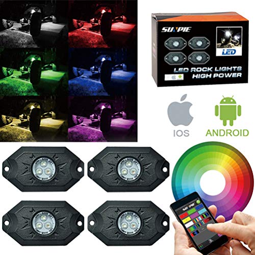RGB LED Rock Lights -4 Pod Lights with Phone App/Remote Control & Timing & Music Mode & Flashing & Automatic Control & Color Grad Multicolor Neon Lights Under Off Road Truck SUV ATV