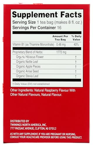 TWININGS, SUPERBLENDS, HEARTEA WITH VITAMIN B1, RASPBERRY, HIBISCUS HERBAL TEA, CAFFEINE FREE, 16 TEA BAGS, 1.12 OZ (32 G)