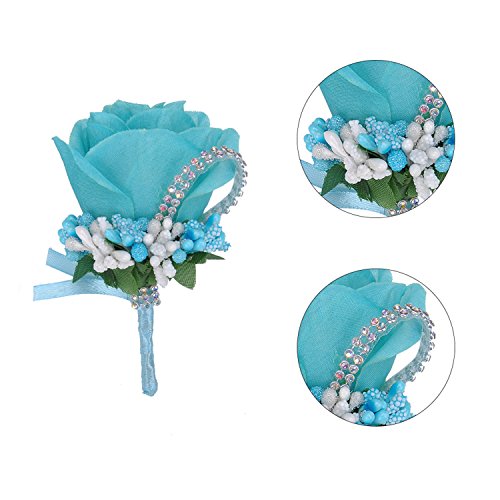 YSUCAU Rose Boutonniere Handmade Corsage Classic Artificial Groom Flowers Brooch with Pin for Wedding Prom Party (Blue)