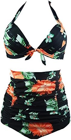 Women Summer Swimwear Vintage Floral High Waisted Bikini Set Sexy Bathing Suit Plus Size (L, Floral)