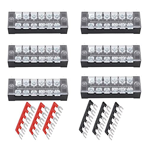 Ruidee 12pcs (6 Set) Terminal Block 6 Positions Dual Rows Covered Screw Terminal Block 600V 25A + 6Pcs 6 Positions Pre-Insulated Fork Terminal Barrier Strip Red/Black 400V 25A TB-U2506