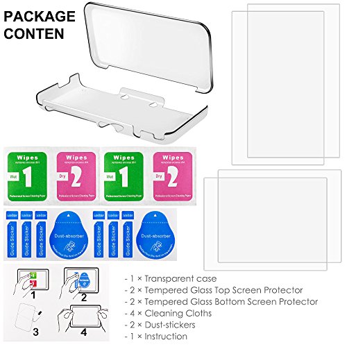 Hard-Case-for-NEW-Nintendo-2DS-XL-with-2-Packs-Screen-Protector-AFUNTA-Anti-Scratch-Crystal-Clear-Case-with-4-Pcs-Tempered-Glass-Protective-Films-for-Top-and-Bottom-Screen