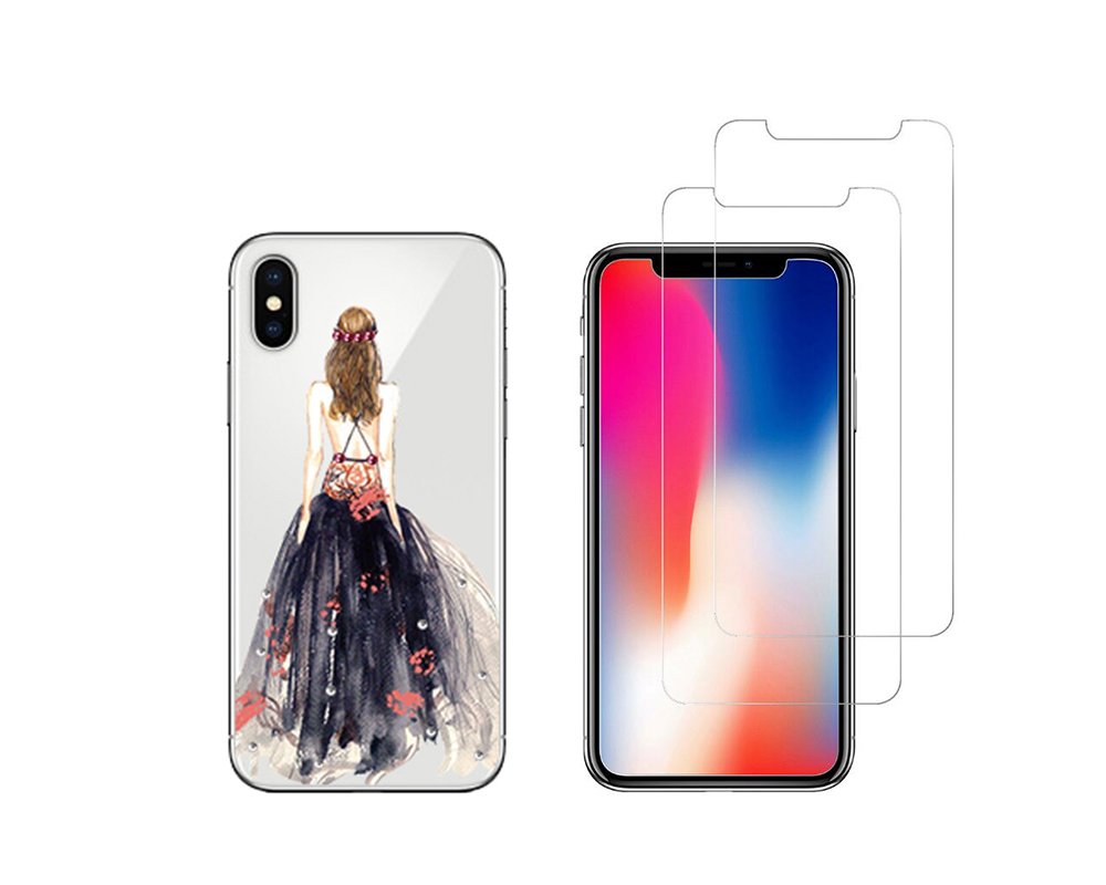 NOVAGO iPhone X iPhone 10 1 Case silicone with fancy pattern + 2 Transparents Tempered Glass protectors ultra resistant (Screen protector smaller than screen) (Blue Dress)