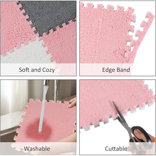 AM ANNA 12 Pcs Plush Interlocking Carpet Tiles，Soft Non-Toxic Foam Carpet Tiles for Toddler Baby，Machine-Washable，Anti-Slip，EVA Foam Interlocking Tiles for Floor, Nursery (Pink Grey White, 12 Pcs)