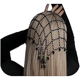 Black Beaded Hair Chain for Women Wedding Bridal Pearl Hair Chain Headpiece Summer Crystal Drop Tassel Headdress Jewelry for Prom Party