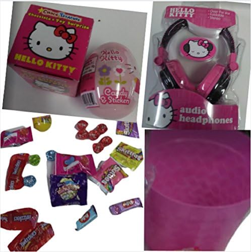 Hello Kitty Easter Gift Basket Over-The-Ear Headphones Stickers and Assortment of Candy Bundle