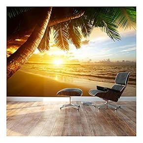 Sunset Over Palm Tree Paradise Ashore - Landscape - Wall Mural, Removable Sticker, Home Decor - 66x96 inches