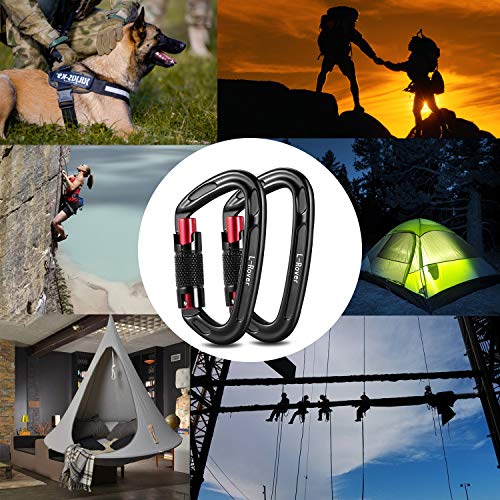 L-Rover Ultra Sturdy Twist Lock Climbing Carabiner Clips, Auto Locking and Heavy Duty Caribeaners, x2/24kN/5400-pound Rating for Hammocks, Rappelling (Auto Locking,24KN,Black/Red) - Thumbnail 2