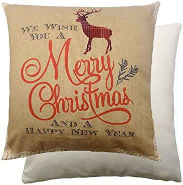 VINTAGE CHRISTMAS WORDS REINDEER STAG RED 100% COTTON THROW PILLOW SHAM CUSHION COVER 17"