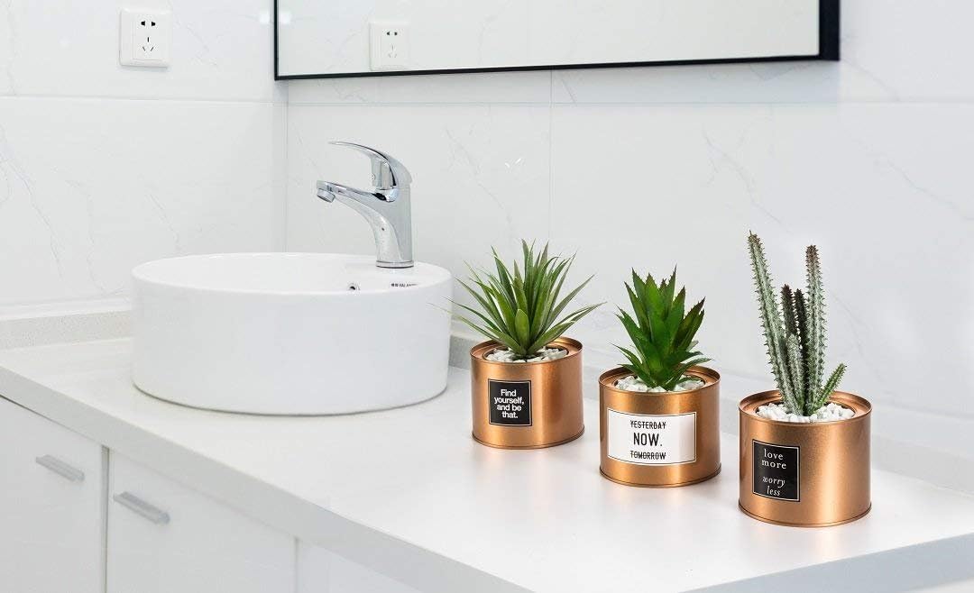 Opps Mini Artificial Plants Plastic Green Grass Cactus with Special Golden Can Pot Design for Home Décor – Set of 3 -