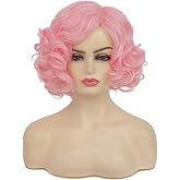 Baruisi Short Curly Pink Wigs for Women Synthetic Natural Wavy Pink Costume Cosplay Party Wig with Cap