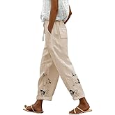 domirica Linen Boho Pants for Women Butterfly Print Loose Casual Pants with Pockets Comfy Elastic Waist Lightweight Trousers