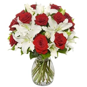 Benchmark Bouquets Roses and Oriental Lilies, With Vase 