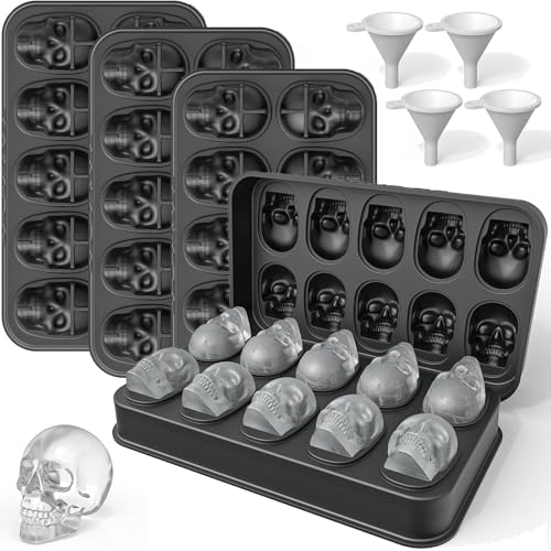 LUSHYUM Skull Ice Cube Mold Tray, 4 Pack BPA-Free Skeleton Head Maker Mold, Flexible & Easy Release 3D Skull Molds for Baking Whiskey Cocktail Chocolate Resin, Ideal Gift for Halloween Party