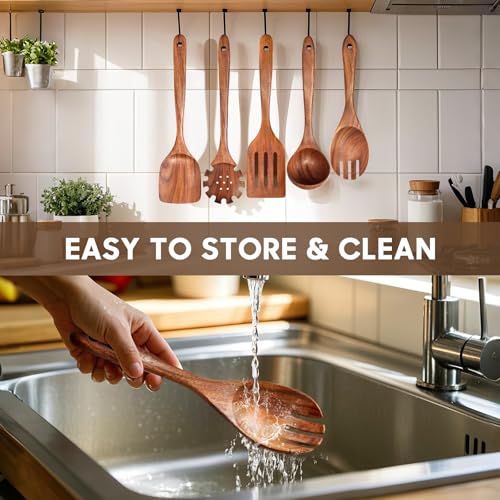 Cucharas de Madera para Cocina, Juego de Utensilios de Cocina Teca, Espátula,Tenedor para Ensalada,Cuchara, Colador y Cuchara para Pasta, Adecuado para Cocinas y Comedores, 5 Piezas