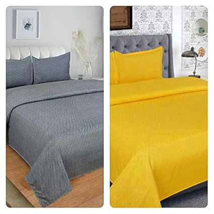 BLENZZA DECO Glace Cotton 2 Double BEDSHEET with 4 Pillow Covers-Yellow,Grey