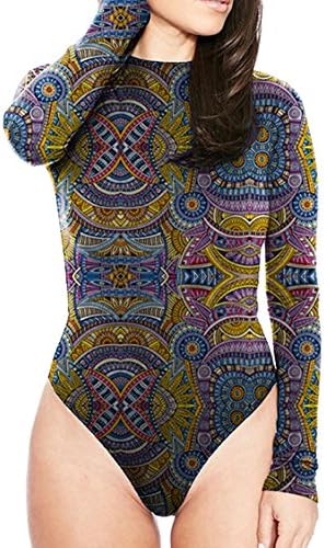 Rokiney Women Tribal Print Long Sleeve Stretch Bodycon Bodysuit Leotard Purple S