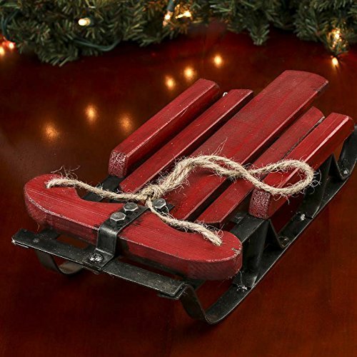 Holiday Old Fashioned Style Red Wood & Iron Sled with Natural Jute Rope Accent (Small)
