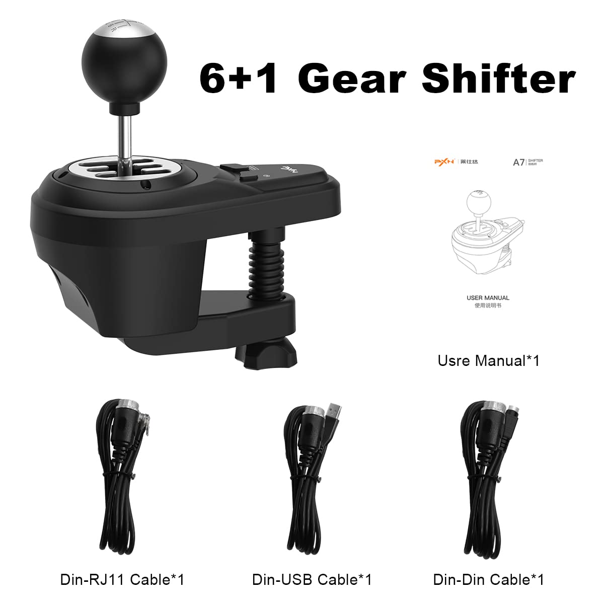 PXN A7 Gear Shifter, 6+1 Shift Lever with Handbrake & High/Low Gear Buttons, USB Compatible for PC, PS4, Xbox
