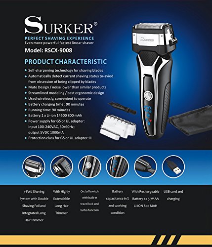 SURKER Men's Electric Foil Shavers Razor Electric Travel Shaver USB Charger Dry/Wet Lithium Battery 3 Blade Honey Comb Grooming Kit Waterproof Rechargeable LCD Display Travel Pouch Best Gift Black