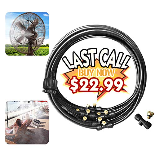 Misting Cooling System Water Irrigation Fan Misting Mister Kit 33FT (10M) Misting Line + 12 Brass Mist Nozzles + 3/4” and 1/2” PVC Adapter for Outdoor Patio Garden Greenhouse