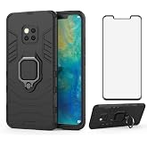 Phone Case for Huawei Mate 20 Pro with Tempered Glass Screen Protector Cover and Magnetic Ring Holder Stand Kickstand Slim Hard Cell Accessories Huwai Mate20pro Haweii Mate20 20Pro Women Cases Black