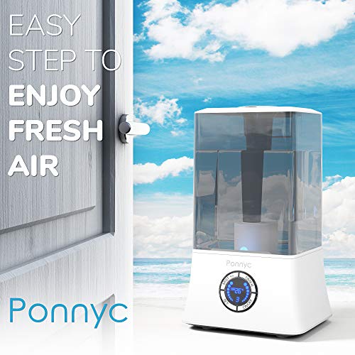 PONNYC Cool Mist Humidifier - Ultrasonic Humidifier for Home, Office, Baby, Bedroom - Essential Oils Diffuser - Premium Air Humidifier, Whisper-Quiet, Large Capacity 1.2 Gal