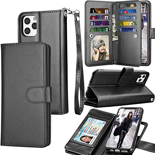 Eutekcoo Wallet Case for iPhone 11 / iPhone11 (6.1 inch) 2019 ID Cash Credit Card Slots Holder Carrying Pouch Folio Flip PU Leather Cover [Detachable Magnetic Hard Case] Lanyard - Black